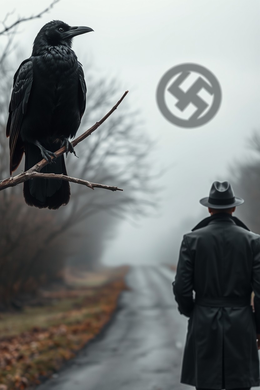 A striking scene featuring a black crow perched on a tree branch, its glossy feathers catching the light
