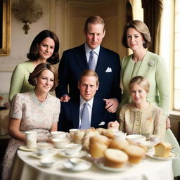 A dignified yet warm portrait of the British royal family sitting together, each enjoying a freshly baked muffin and a cup of classic English tea.