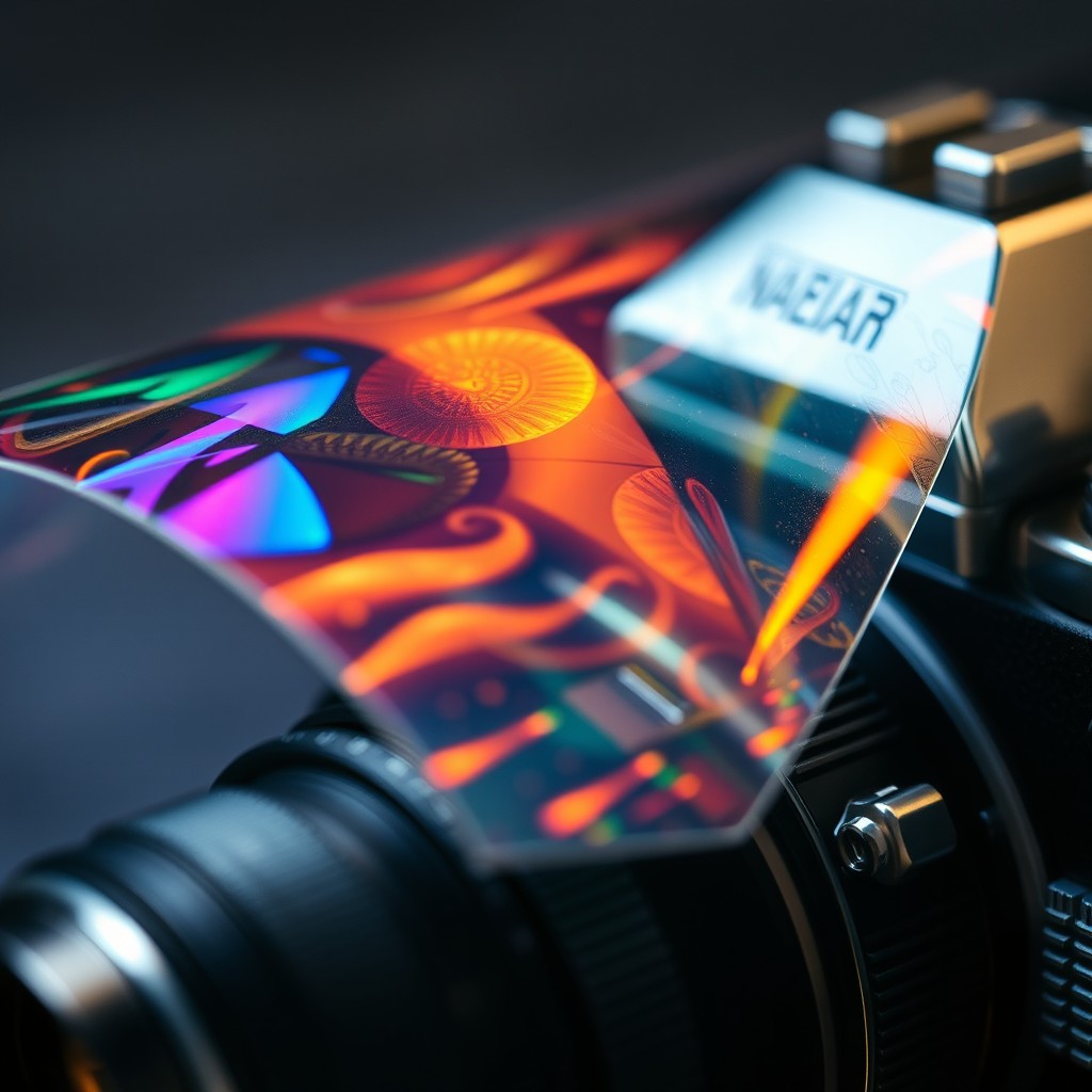 A stunning close-up of a translucent graphic film applied to a Panaflex camera, showcasing the intricate details of both the film and the camera