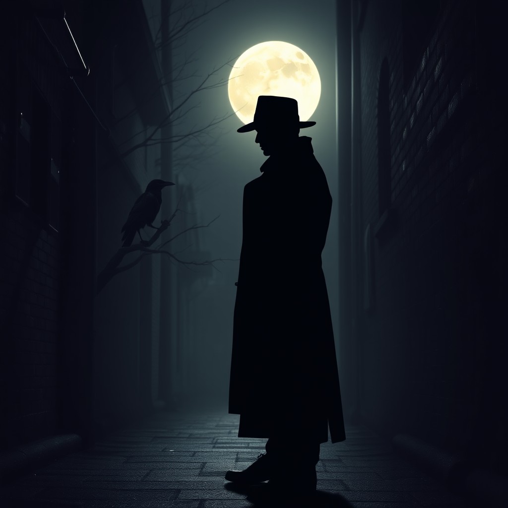 A shadowy dark alley scene featuring a mysterious man wearing a stylish hat and a long coat, standing with a contemplative pose as he gazes at the road ahead