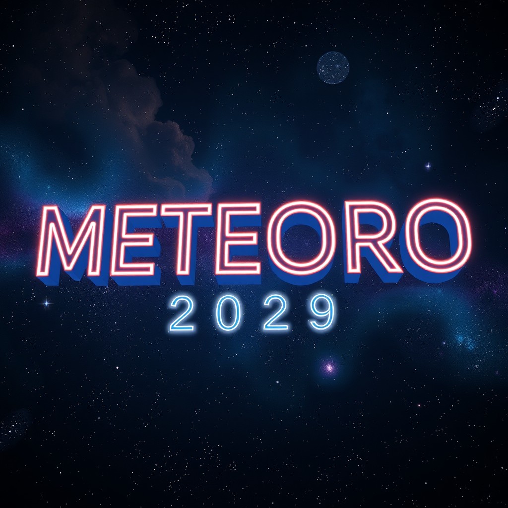 A captivating space scene featuring the text 'METEORO 2029' in large, bold letters floating in the cosmos