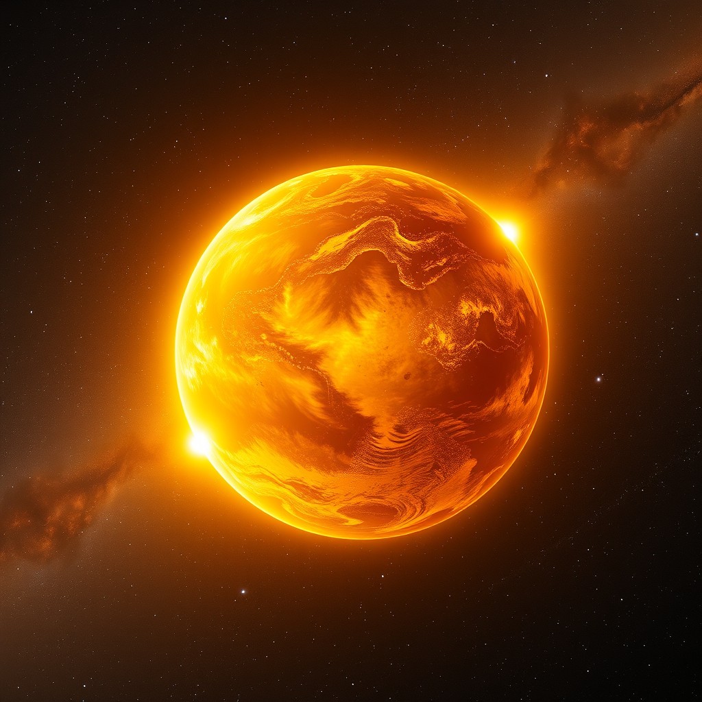 A stunning golden planet glowing in the vastness of space, surrounded by a field of stars