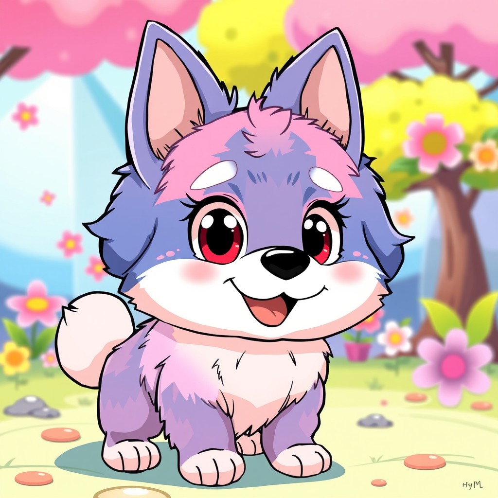 An adorable anime-style dog with large expressive eyes and a happy smile
