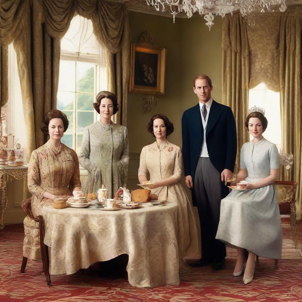 A detailed, vintage-style portrait of the British royal family from a historical period, enjoying muffins and tea in a grand, tastefully-decorated room.