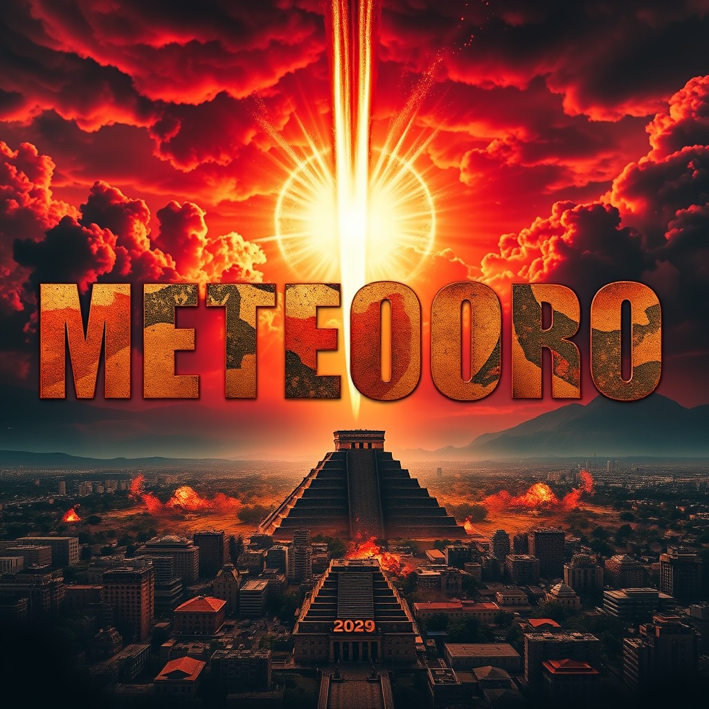 A dramatic movie poster featuring the title "METEORO 2029" in large, bold, and catastrophic letters