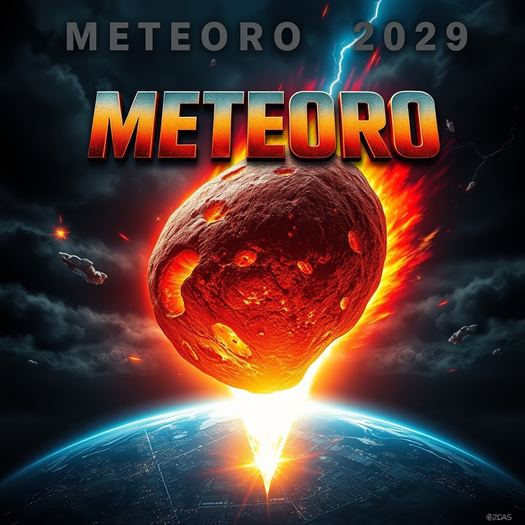 A dramatic movie poster for 'Meteoro 2029', featuring a massive meteor hurtling towards Earth in the foreground, with vibrant fiery colors contrasting against a dark, stormy sky