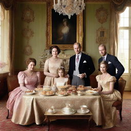 A detailed, vintage-style portrait of the British royal family from a historical period, enjoying muffins and tea in a grand, tastefully-decorated room.