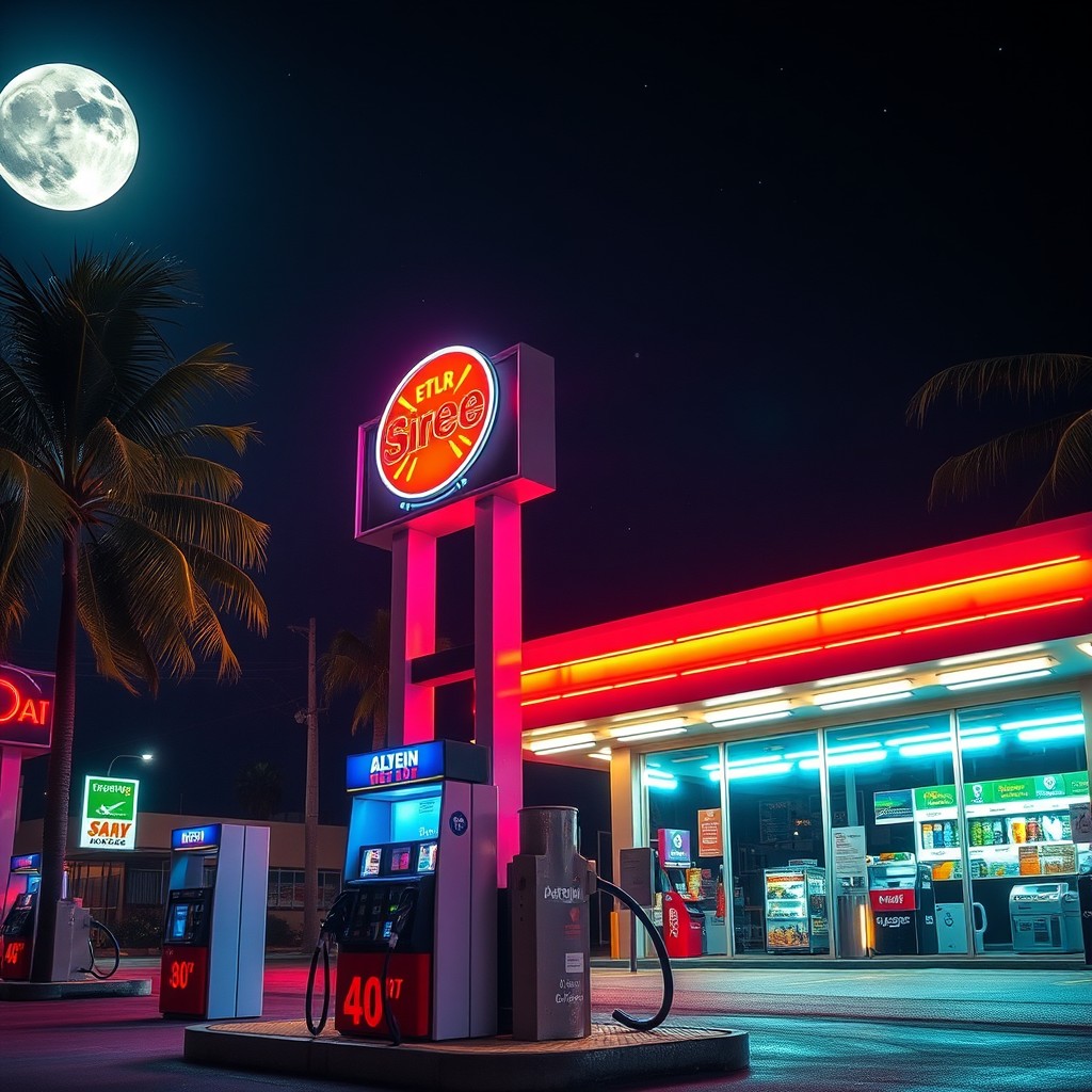 A vibrant nighttime scene of a gas station illuminated by bright neon lights and LED signage