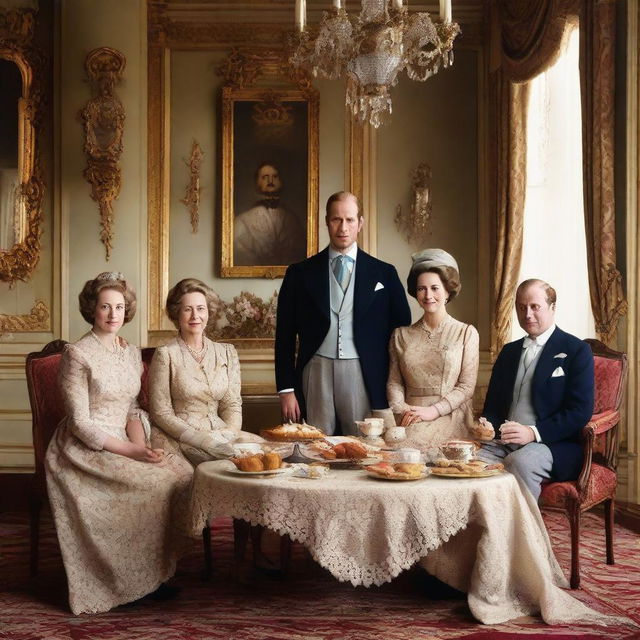 A detailed, vintage-style portrait of the British royal family from a historical period, enjoying muffins and tea in a grand, tastefully-decorated room.