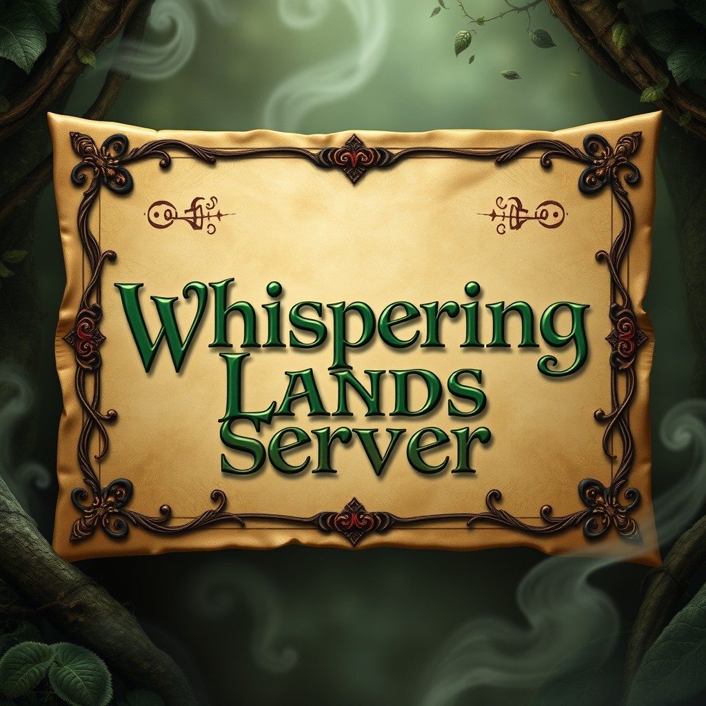 A beautifully designed text box featuring the words "Whispering Lands Server" in a classic Dungeons & Dragons fantasy style