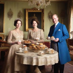 A detailed, vintage-style portrait of the British royal family from a historical period, enjoying muffins and tea in a grand, tastefully-decorated room.