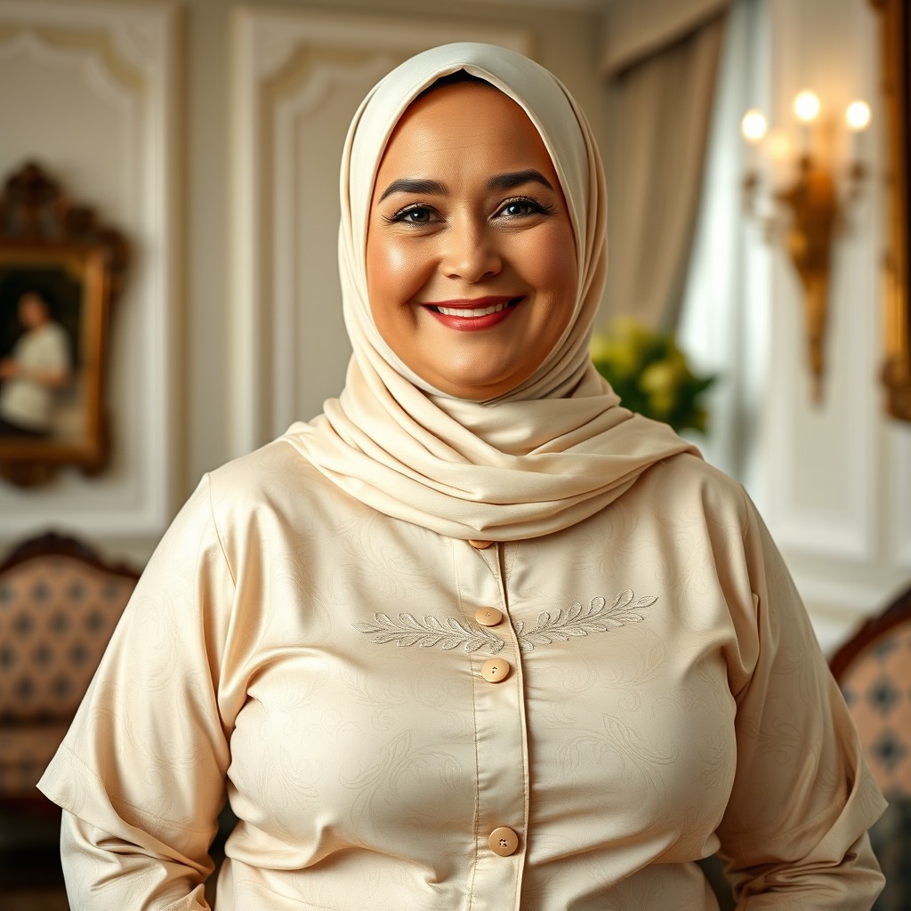 A charming, chubby Russian woman, around 50 years old, wearing a cream hijab