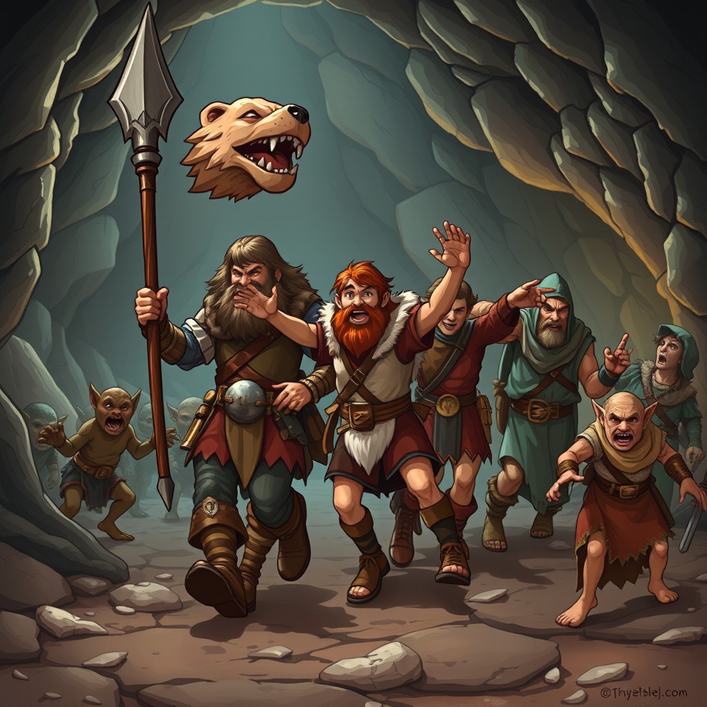 A group of adventurers in a dungeon cave, led by a warrior who is holding a spear topped with the head of a bear-like monster