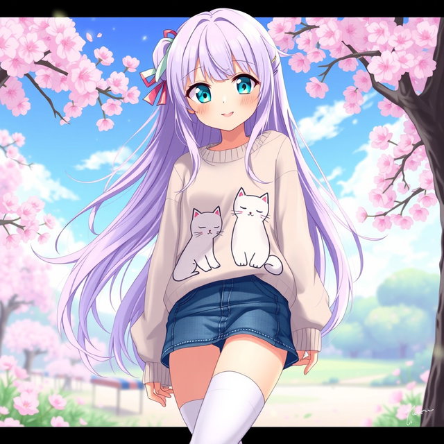 An anime girl with long, flowing lavender hair and bright teal eyes
