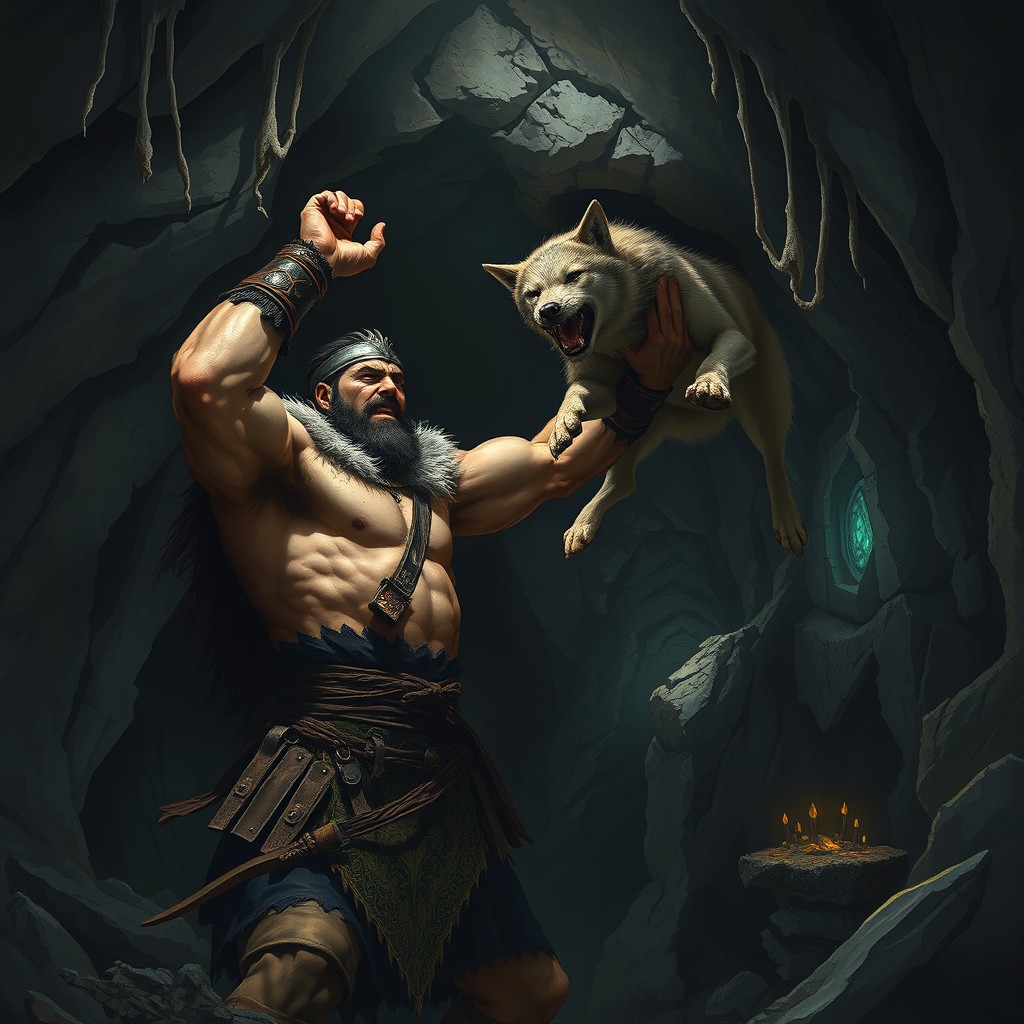 A fierce warrior throwing a wolf into a mysterious hole in the wall of a dark cave