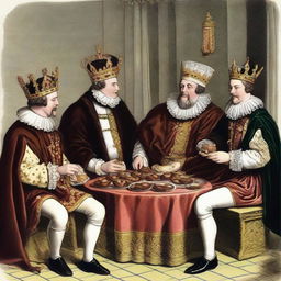 A historically accurate image showing ancient English kings, garbed in regal attire, indulging in the anachronistic pleasure of eating chocolate muffins.