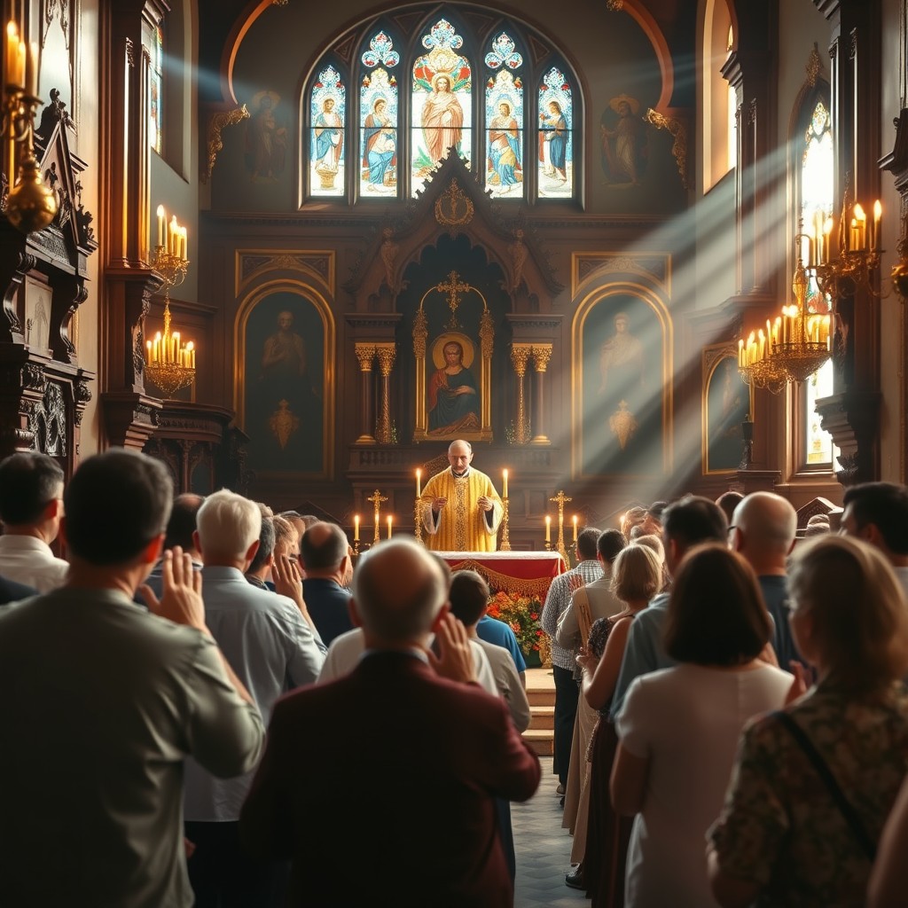 A beautiful Orthodox church interior during the Eucharist sacrament, filled with worshippers in prayerful poses