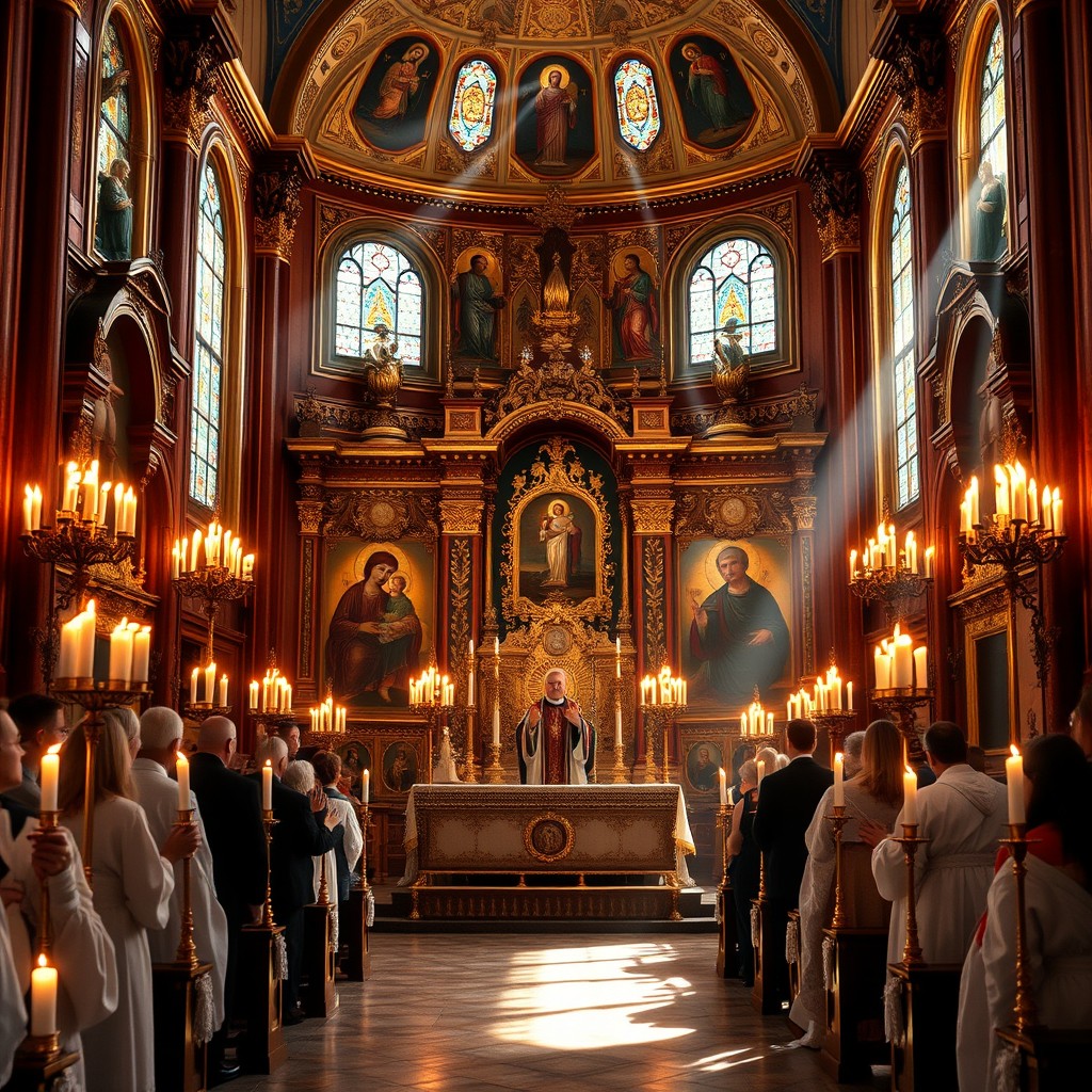 A majestic Orthodox church interior, beautifully decorated for the Eucharist sacrament