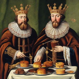 A historically accurate image showing ancient English kings, garbed in regal attire, indulging in the anachronistic pleasure of eating chocolate muffins.