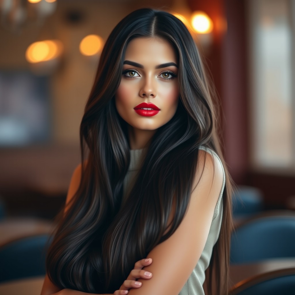 A stunning brunette with very long, flowing hair styled elegantly, wearing vibrant red lipstick that enhances her features