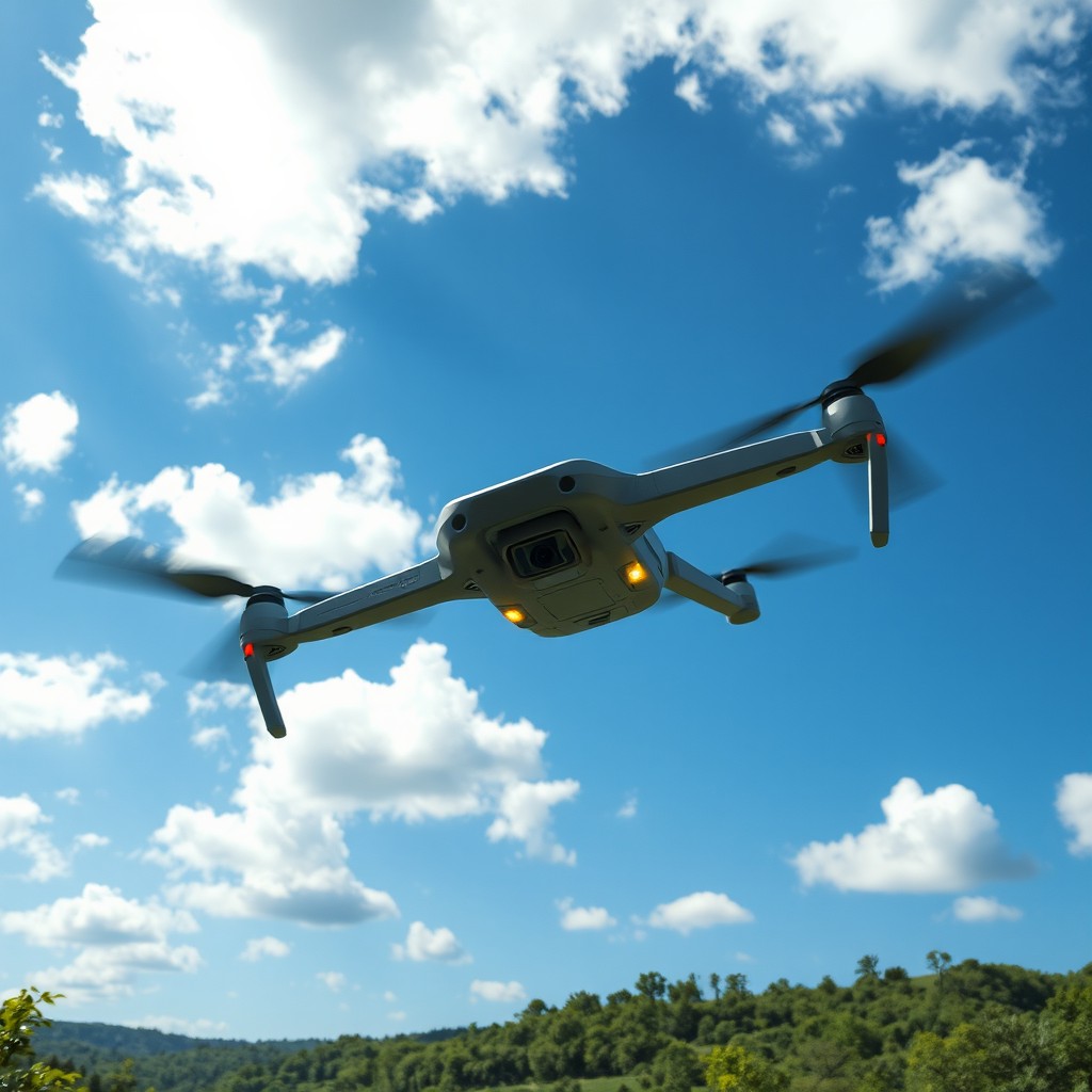 A sleek, futuristic drone soaring through a clear blue sky, with vibrant clouds scattered around
