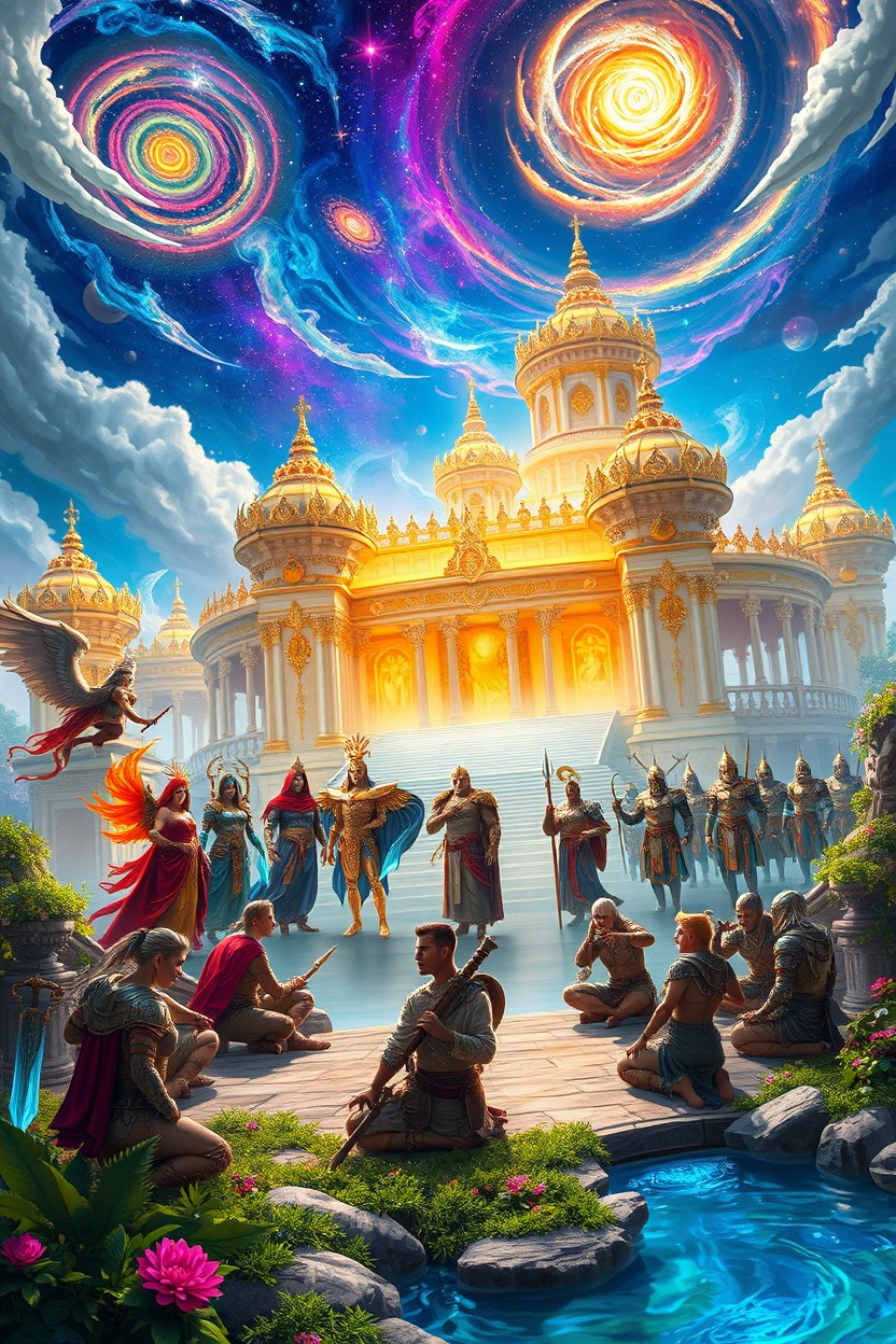 A fantastical scene depicting a celestial realm where deities and fallen heroes coexist