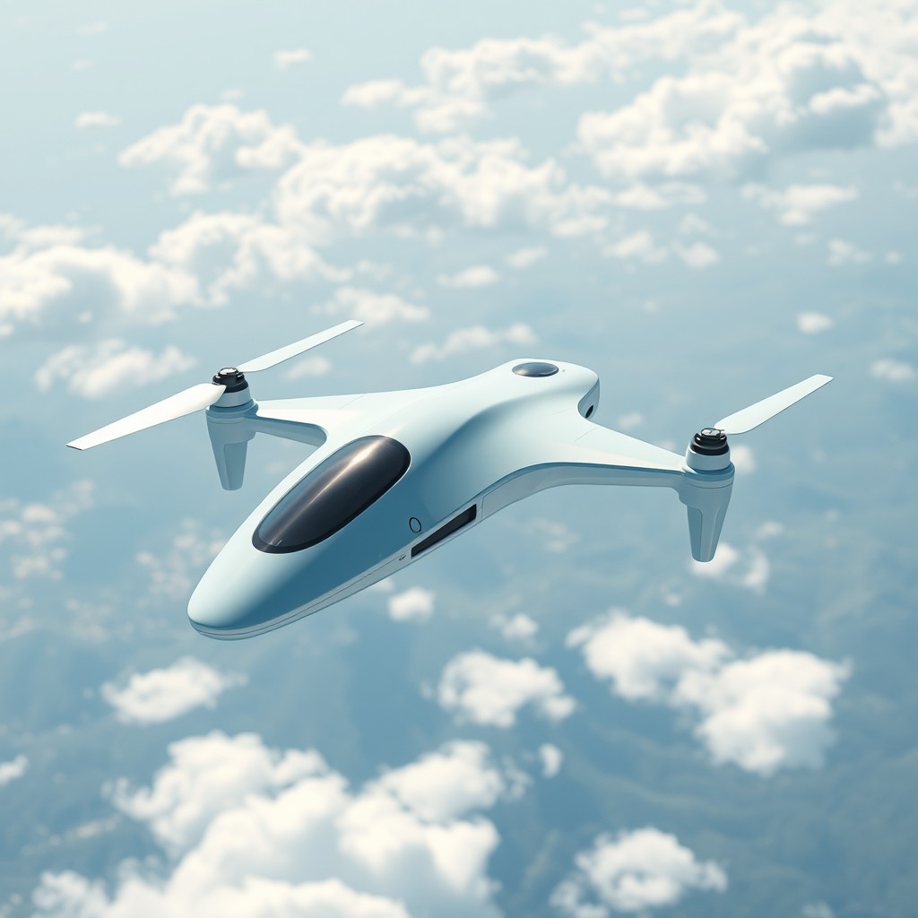 A futuristic drone designed to resemble a sleek, modern airplane without pilots, soaring gracefully through the sky