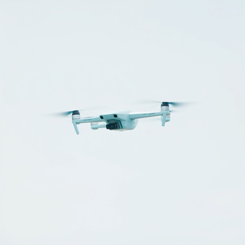 A light blue drone resembling a small plane, featuring wings, soaring through a clear sky