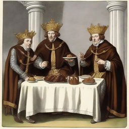 A historically accurate image showing ancient English kings, garbed in regal attire, indulging in the anachronistic pleasure of eating chocolate muffins.