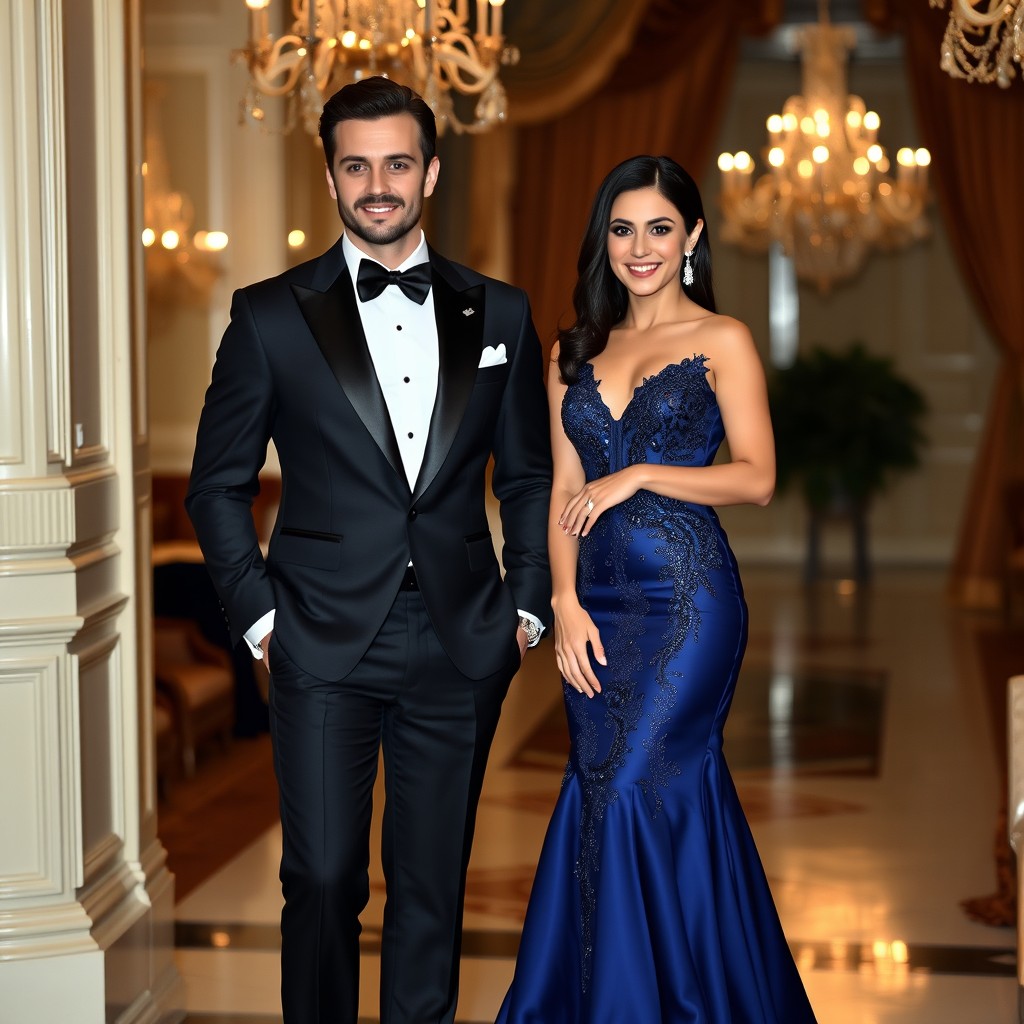 A stylish man and woman dressed in formal attire, standing elegantly in a luxurious setting