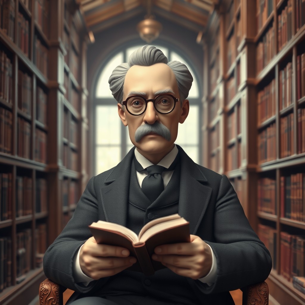 A 3D realistic portrayal of Friedrich Nietzsche, centered on the screen at eye level, facing forward