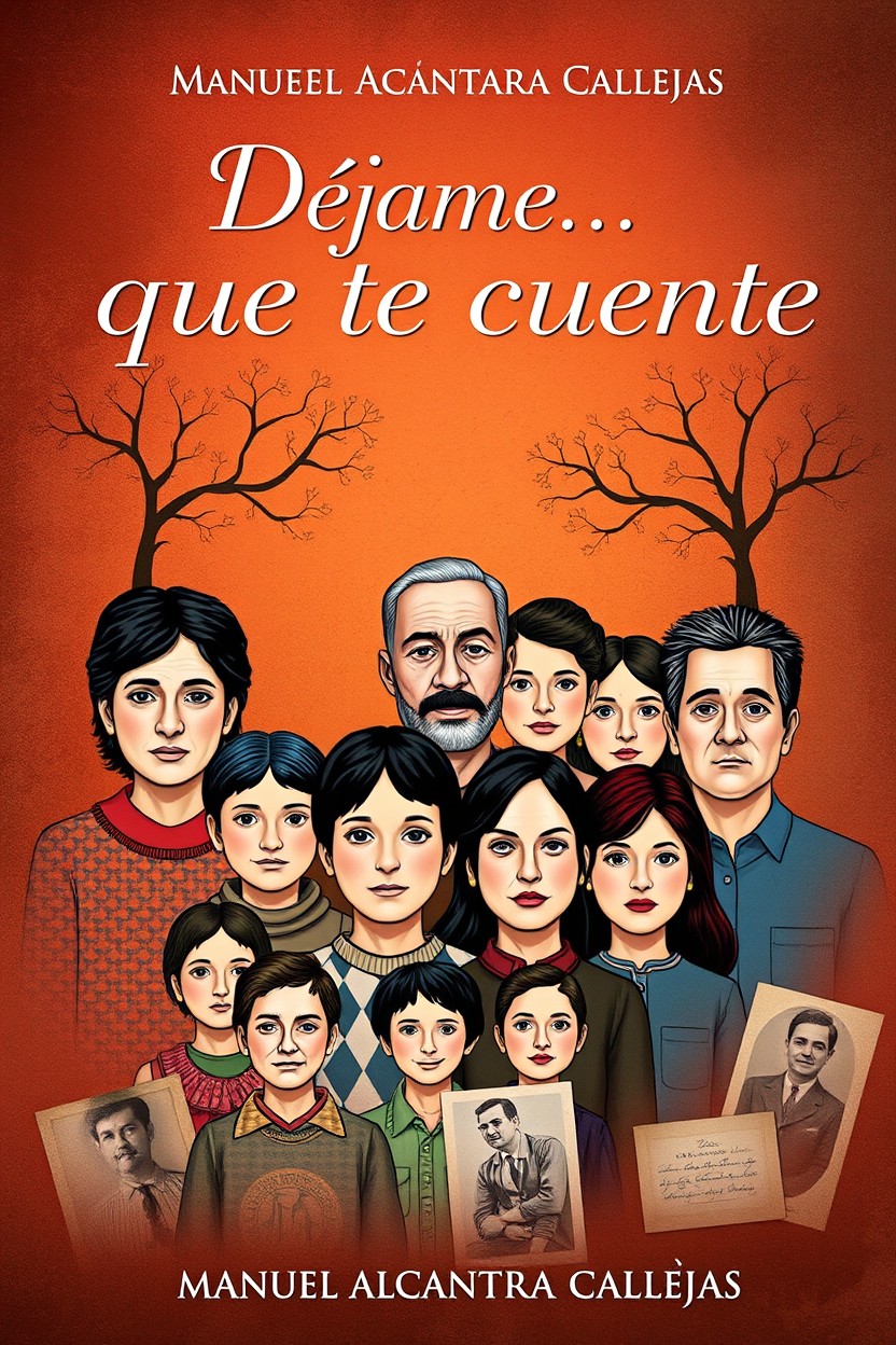 A striking book cover design for an autobiography titled 'Déjame que te cuente' by Manuel Alcántara Callejas