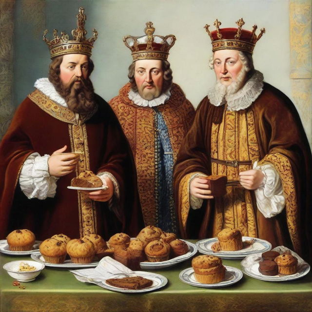 A historically accurate image showing ancient English kings, garbed in regal attire, indulging in the anachronistic pleasure of eating chocolate muffins.