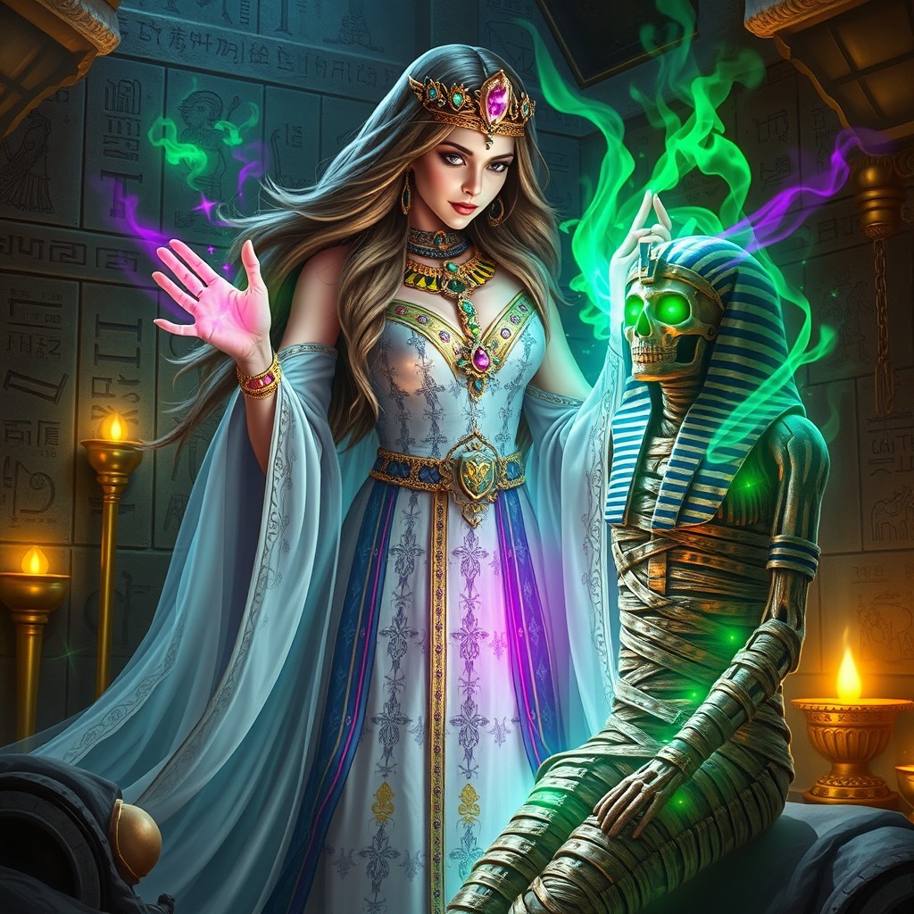 A captivating digital artwork featuring a beautiful enchanteress dressed in ethereal robes with intricate patterns, casting a spell to resurrect an Egyptian mummy