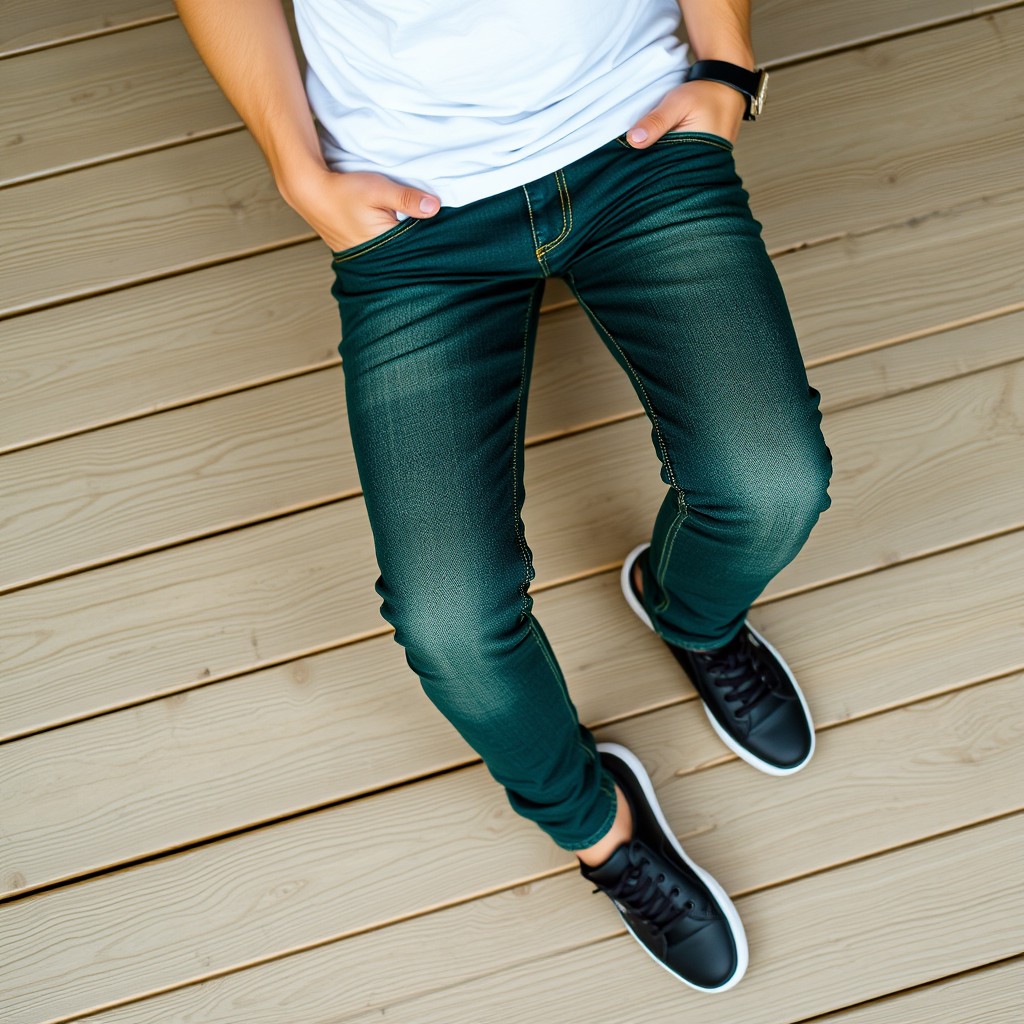 A fashionable pair of dark green jeans displayed on a wooden surface, styled with a casual white t-shirt and black sneakers for a trendy look