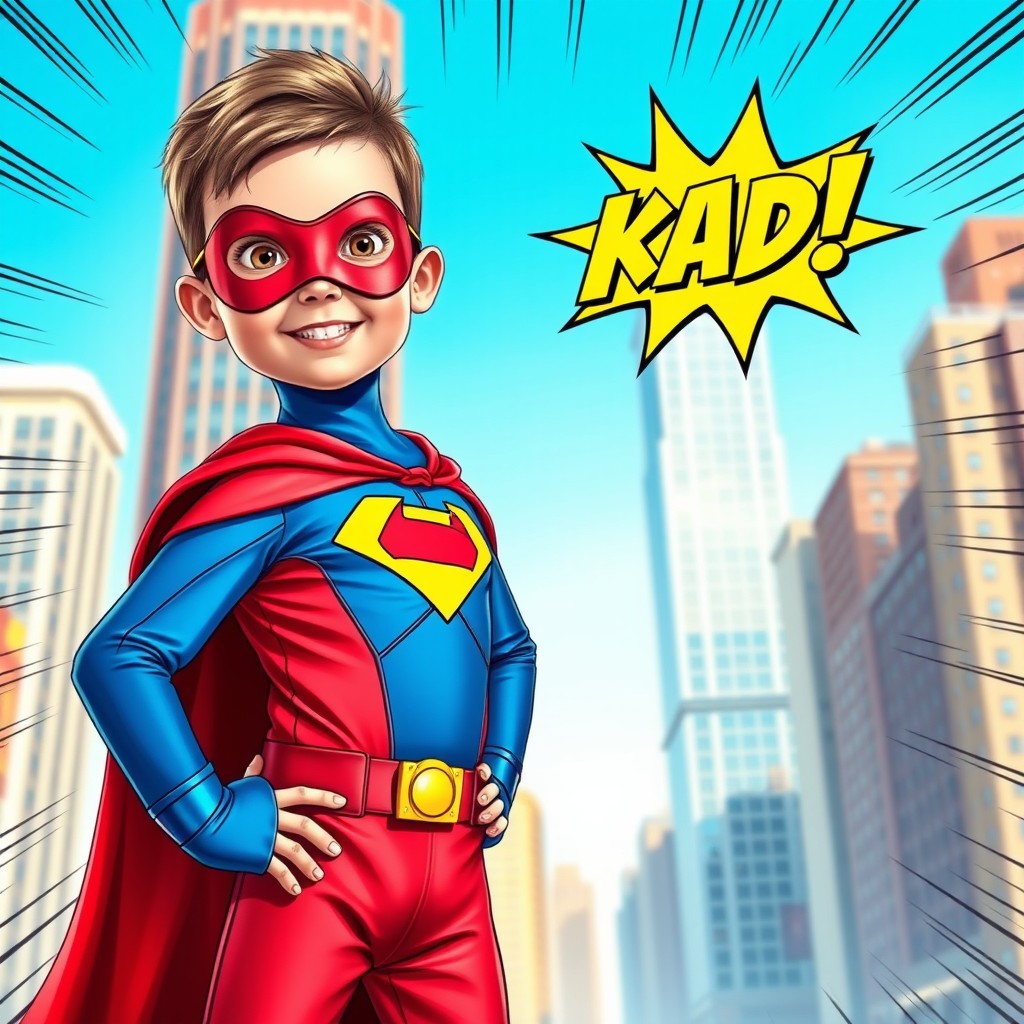 Create a charming fan-art portrait of a young superhero kid inspired by popular comic book characters