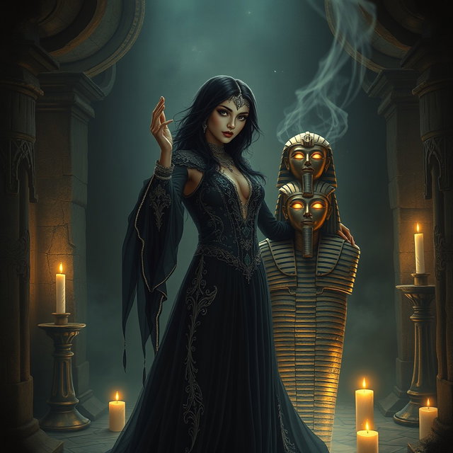 A stunning digital artwork of a beautiful enchanteress with a gothic vibe, characterized by her dark, flowing attire embellished with silver embroidery and lace accents