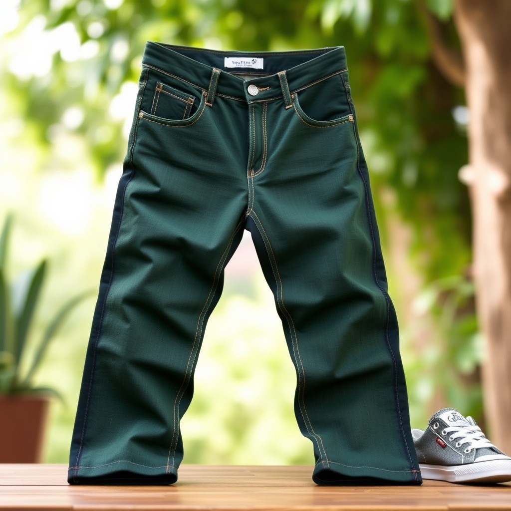 A stylish pair of dark green jeans displayed on a wooden surface, with a soft focus background featuring greenery and natural light filtering through