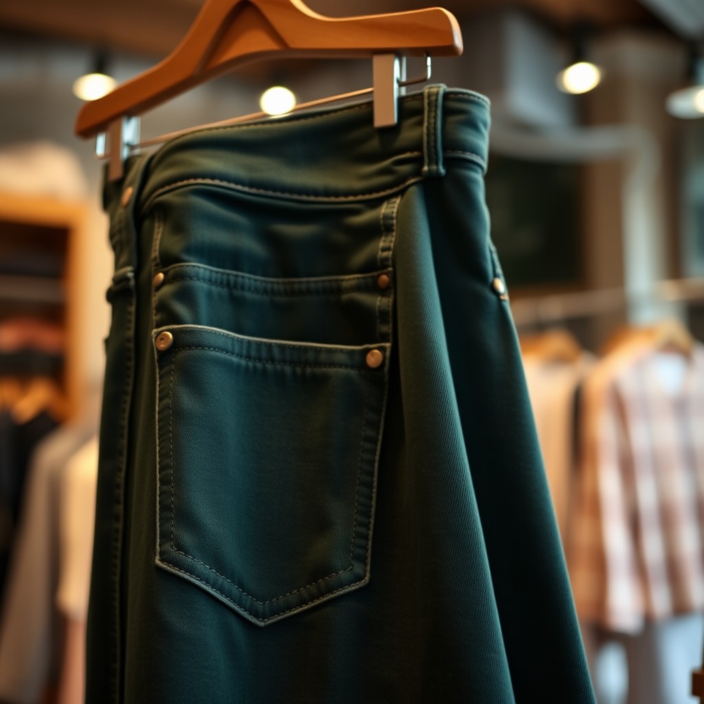 A close-up view of stylish dark green jeans hanging on a vintage wooden rack
