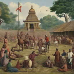 A historically accurate scene depicting the colonization of Indonesia by European powers, emphasizing the juxtaposition of cultures, architectures, and societal structures.