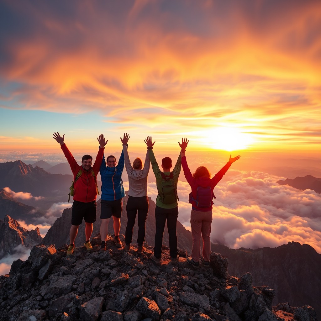 A group of friends celebrating their victory at the peak of a magnificent mountain, with arms raised in joy and excitement