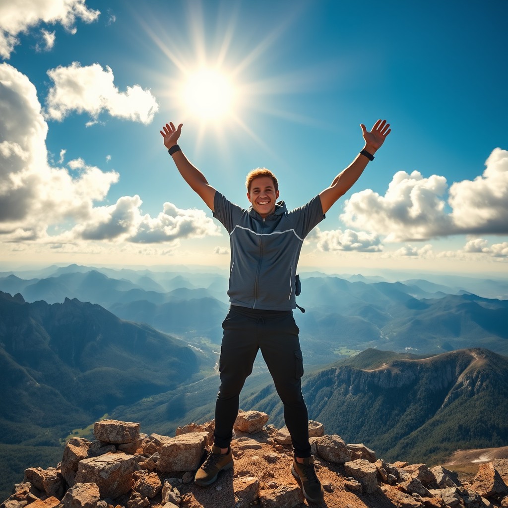 A triumphant man standing with arms raised in celebration at the peak of a majestic mountain, surrounded by stunning natural scenery