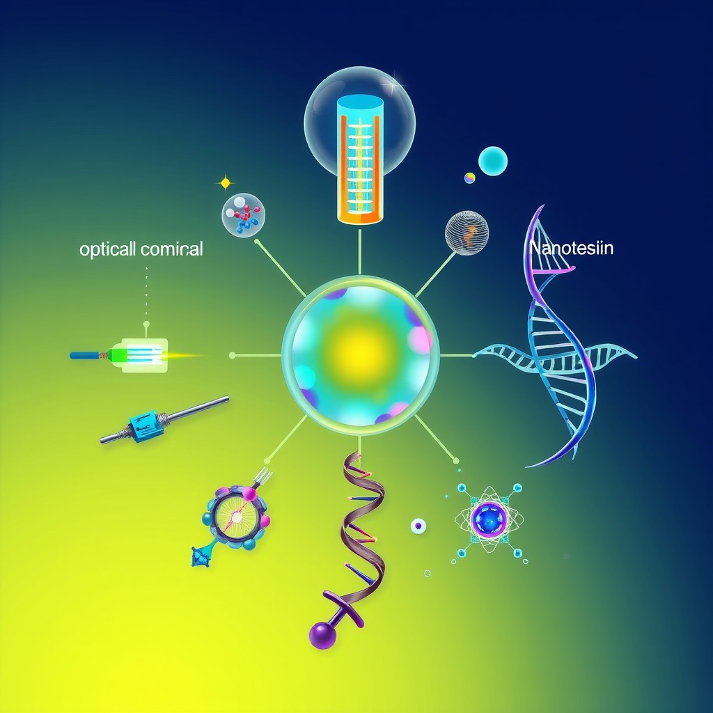A captivating and educational illustration that integrates four advanced technologies: electrochemical techniques, optical techniques, genomics techniques, and nanotechnology