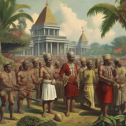 A historically accurate scene depicting the colonization of Indonesia by European powers, emphasizing the juxtaposition of cultures, architectures, and societal structures.