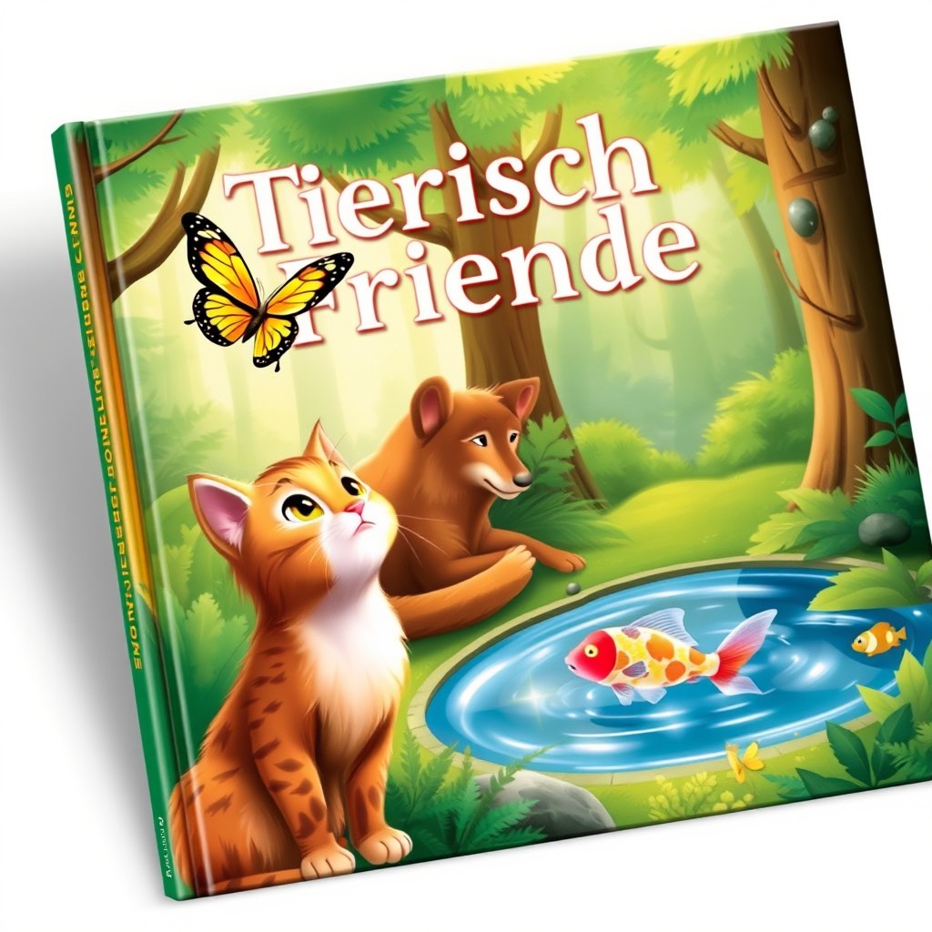 A whimsical book cover for the title 'Tierische Freunde', featuring a lush forest scene