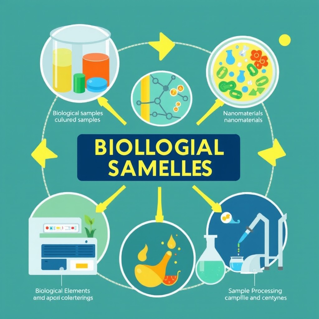 An engaging and informative infographic that combines five key aspects of biological samples: biological samples, cultured cells, nanomaterials, biological elements, and sample processing