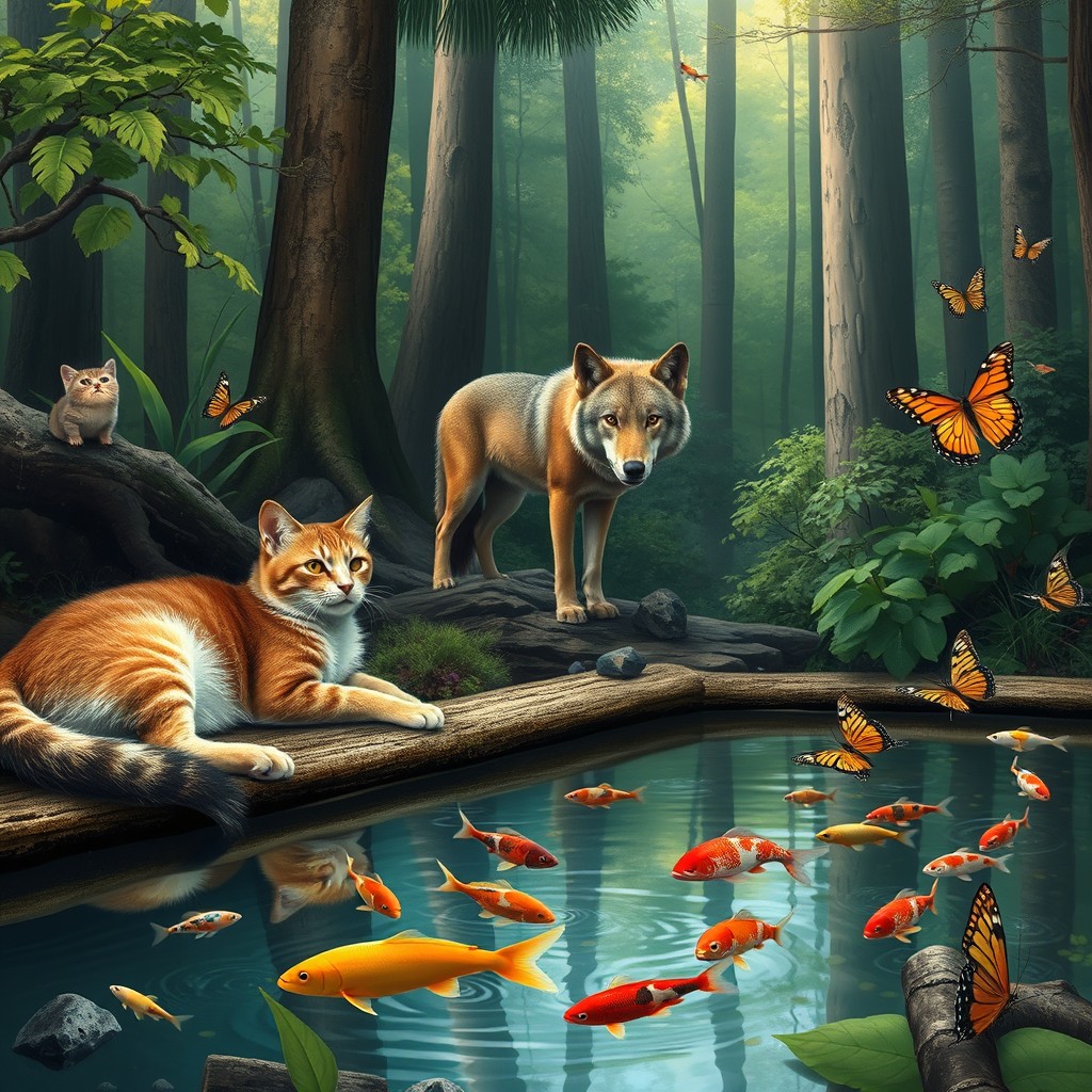 A serene forest scene featuring a relaxed cat lounging nearby, a tranquil pool with colorful fish swimming gracefully, a majestic brown wolf observing in the background, and delicate butterflies fluttering around, showcasing the beauty of nature