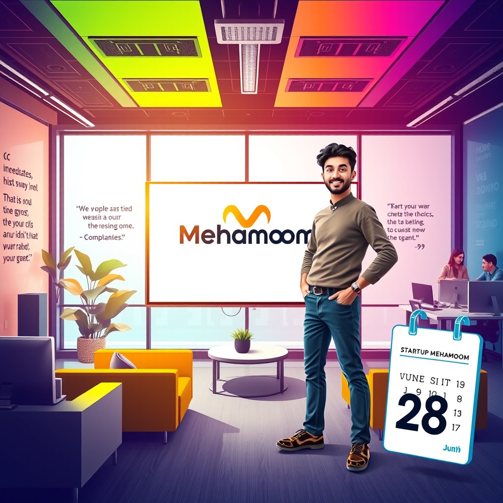 A vibrant and inspirational digital artwork featuring a person (representing you) confidently standing inside a modern office setting that embodies the spirit of innovation and entrepreneurship