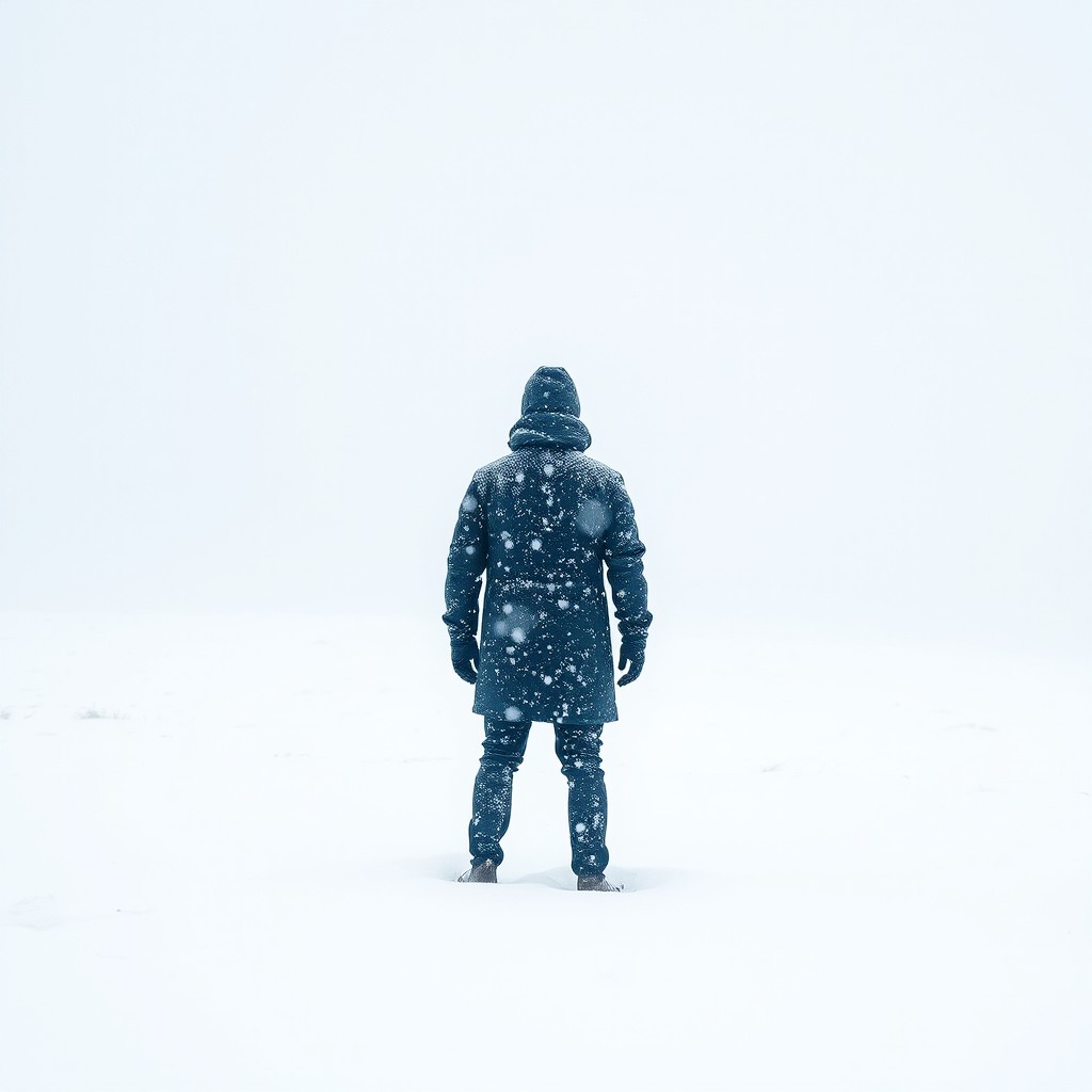 A solitary figure standing still in a snowy, frosty highland landscape during a snowstorm