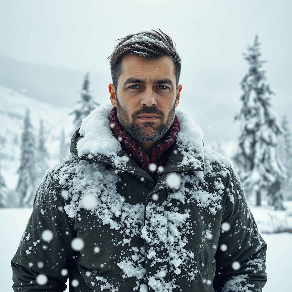 A man standing in a snowy and frosty highland landscape, surrounded by a snowstorm